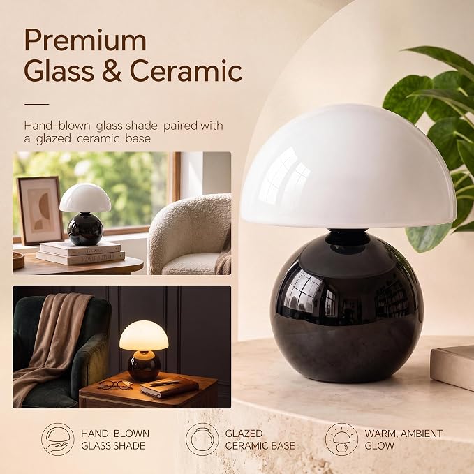 Mushroom Lamp Table Lamp for Bedroom-Small Desk Table Lamps,Black | 8.7" Mid Century Modern Table Lamps for Living Room Bedroom Decor,Cute Ceramic Lamps for Mushroom Home Room Decor,Glass Shade