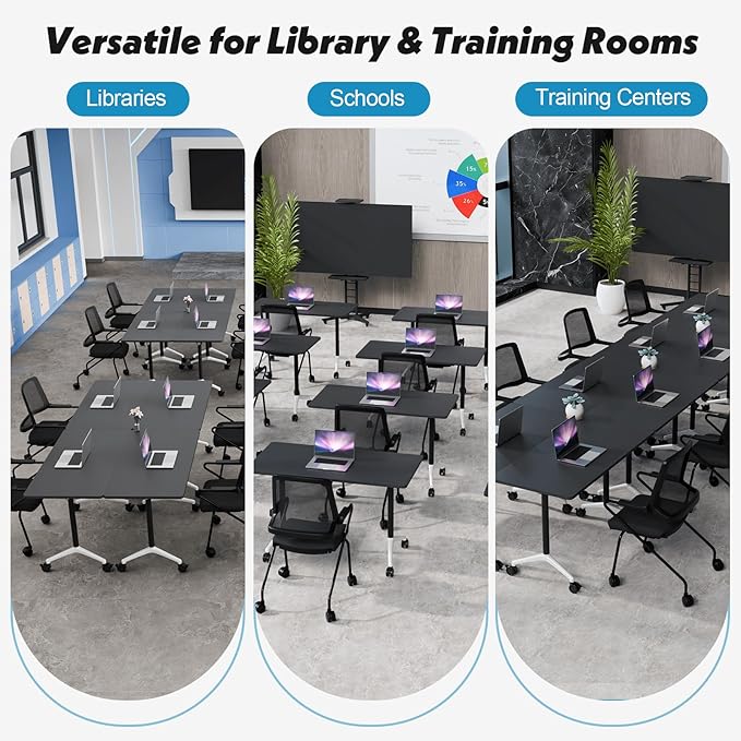Goakwwuz Conference Room Table, Folding Conference Tables,Thicken Grey Tabletop,Flip Top Wooden Seminar Meeting Room Table for Conference Room Offices (8, Black, 70.8”)