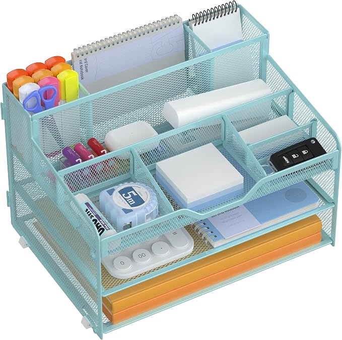 Docnest 3 Tier Mesh Desk Organizer with Letter Tray & Paper Sorter, Blue | Features 3 built-in pen holders & 5 adjustable compartments on top. Includes 4 non-slip rubber feet for desk protection