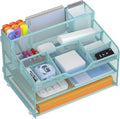 Docnest 3 Tier Mesh Desk Organizer with Letter Tray & Paper Sorter, Blue | Features 3 built-in pen holders & 5 adjustable compartments on top. Includes 4 non-slip rubber feet for desk protection