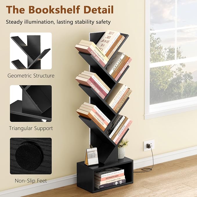 Hoctieon 6 Tier Tree Bookshelf, Tall Bookcase with Drawer, Freestanding Book Shelf with LED Lights, Display Floor Standing Storage Shelf, Book Organizer Shelves for Home Office, Living Room, Black