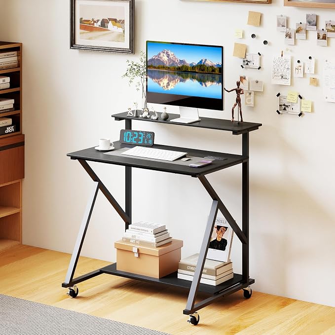 GIANTEX Rolling Small Desk with Storage, Compact Computer Desk for Small Spaces with Charging Station, Monitor Stand, Lockable Wheels, Study Writing Desk for Home Office, Bedroom (Black)
