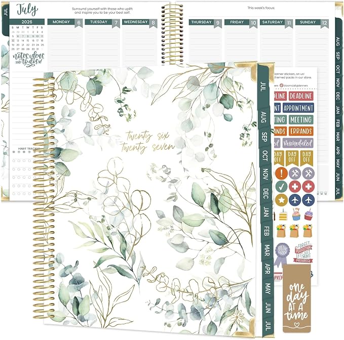 bloom daily planners 2026-2027 Hardcover Academic Year Goal & Vision Planner (July 2026 - July 2027) - 13 Months Agenda - Monthly & Weekly Calendar Organizer - 7.5" x 9" - Eucalyptus, White