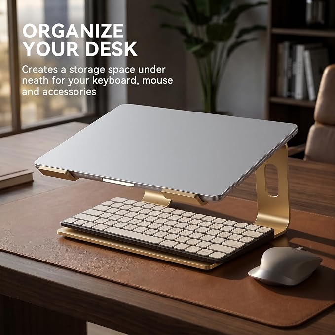 SOUNDANCE Laptop Stand, Aluminum Computer Riser, Ergonomic Laptops Elevator for Desk, Metal Holder Compatible with 10 to 15.6 Inches Notebook Computer, Gold