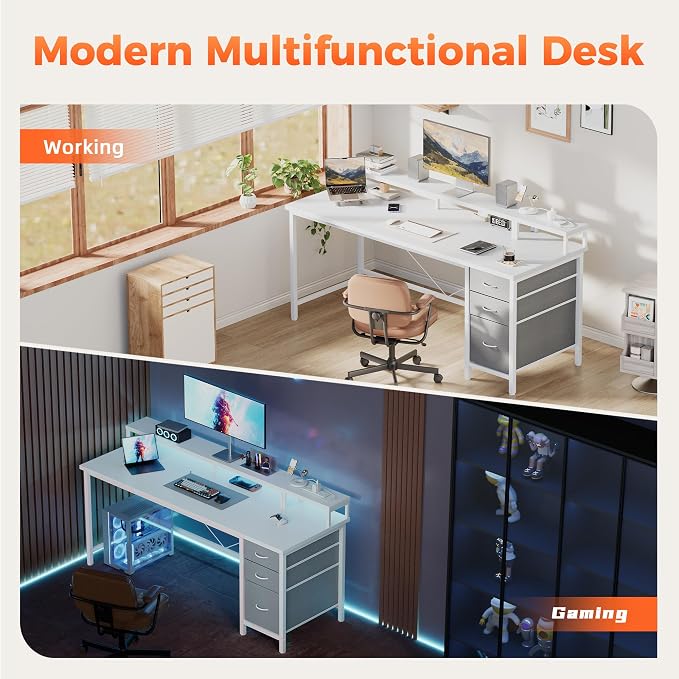 63 inch Computer Desk with Drawers, Reversible Gaming Desk, White | Gamer Desk with LED Lights, Power Outlets & Monitor Stand, Large Office Table for Home Bedroom Study Work Writing