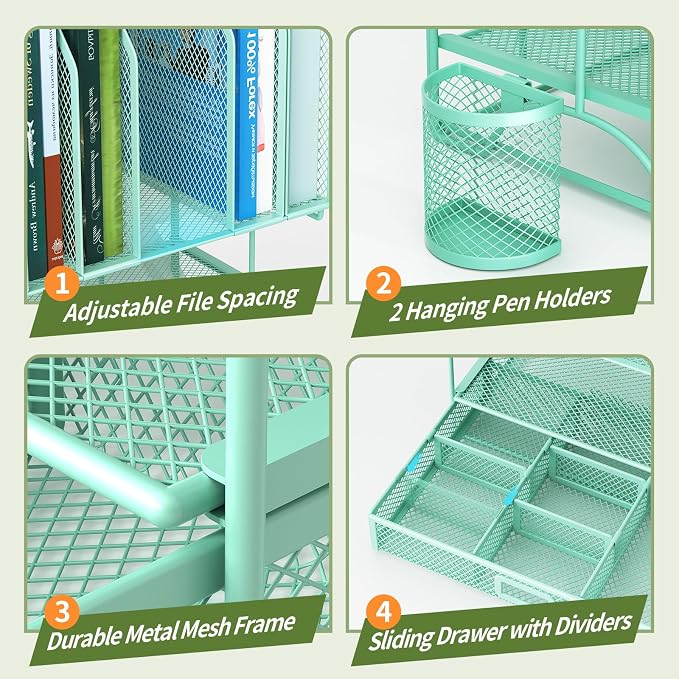 FANXIYQ Metal Desk Organizer with Sliding Drawer, 7-Section File Organizer for Desk, Desktop File Folder & Paper Organizer with 2 Hanging Pen Holders, Office Supplies Organizer, Green