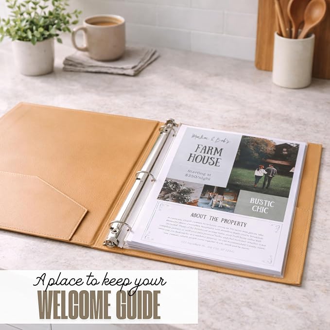 Paper 'n Such Welcome Binder for Short Term Rentals – Grey Faux Leather 3 Ring Folder for Airbnb, Vacation Home, House Manual & Guest Information - Letter Size