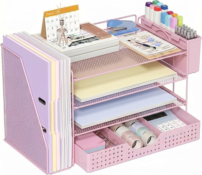 ECOLOVI Desk Organizer, 4-Tier Paper Organizer Letter Tray with File Holder, Drawer and 2 Pen Holders, Desktop File Organizer for Office Supplies, Workspace Storage, Pink