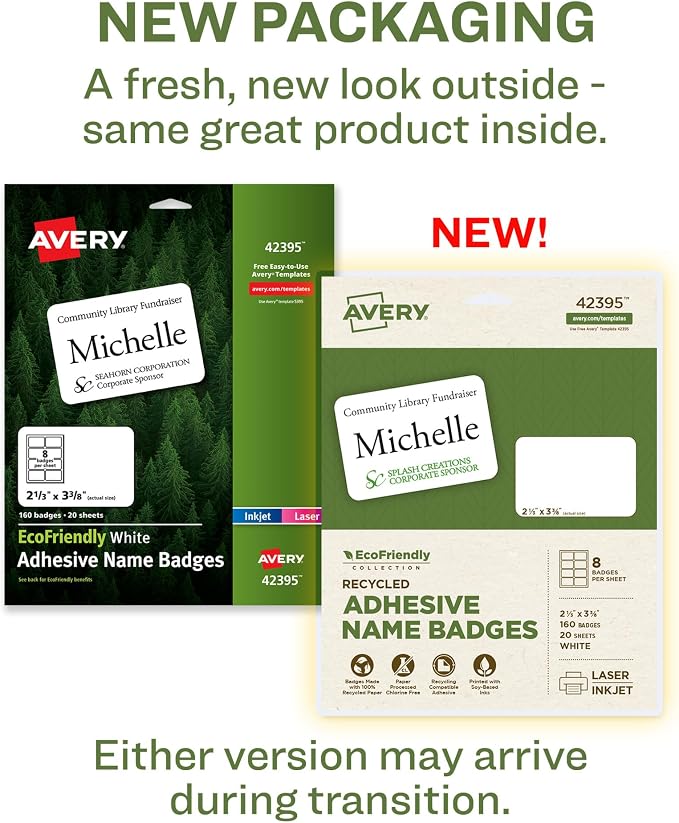 Avery® EcoFriendly Recycled Name Tags, 2-1/3" x 3-3/8", White, Removable Adhesive, 160 Printable Name Badges (42395)