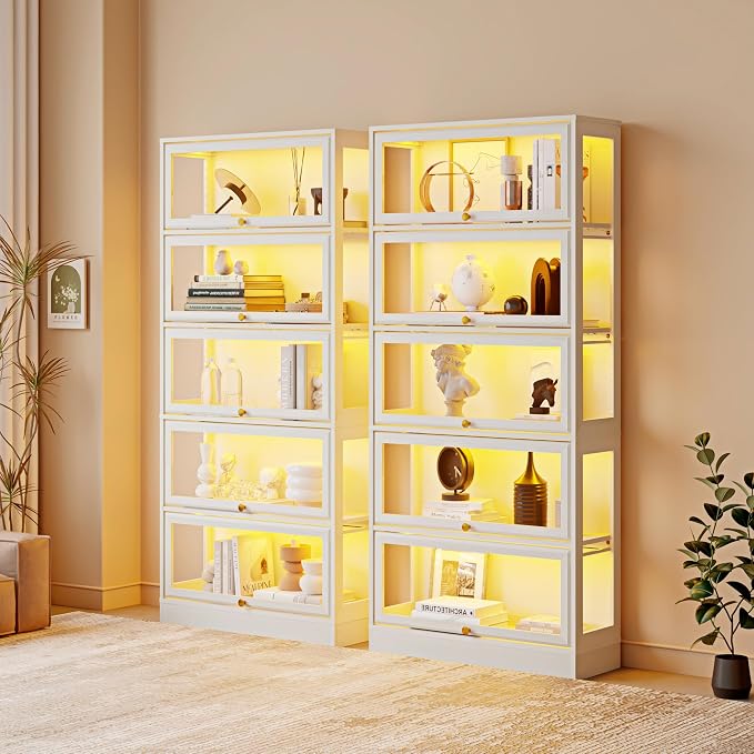 Display Cabinet with Acrylic Glass Doors,5-Tiers Curio Cabinet with LED Lighting for Collectibles, Collectibles Toy Organizers Rack & Display Shelf Display Case Storage Cabinet, White