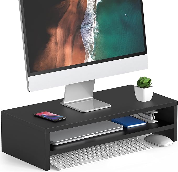 FITUEYES Wooden Monitor Stand Riser, 2-Tier Desk Storage Shelf, Black | 21.3-Inch Desktop Organizer Fits Laptop, Computer Screen and Office Supplies