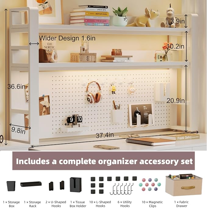 Desktop Hutch Bookshelf, 2-Tier Metal Desk Shelf for Top of Desk | Heavy Duty Countertop Organizer Rack with Peg Board & Accessories Space-Saving Storage for Dorm, Office & Home