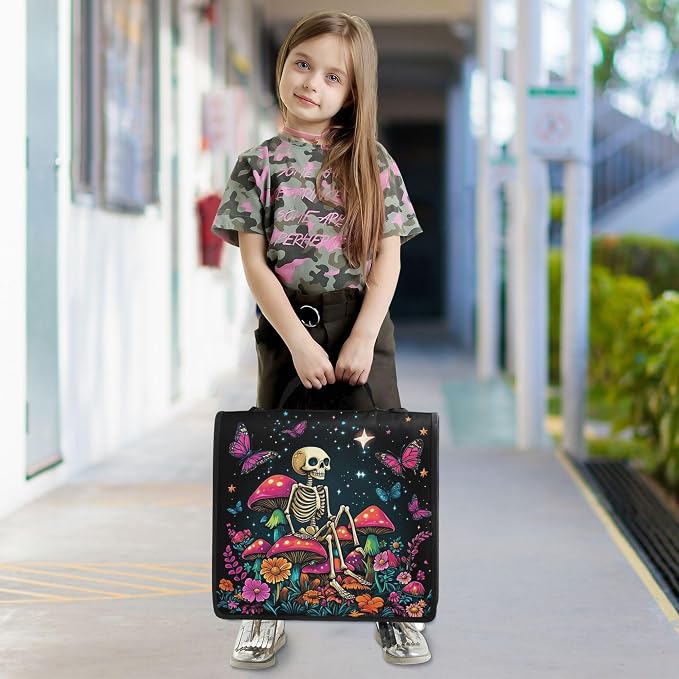 MNSRUU 3 Ring Binder Bag, 2 Inch D-Rings Easily Organizes 1 Inch Fits Letter Sized Paper, Skeleton Sitting on Mushrooms with Butterflies Large 3 Hole Zipper Binder Organizer for School Office Suppli