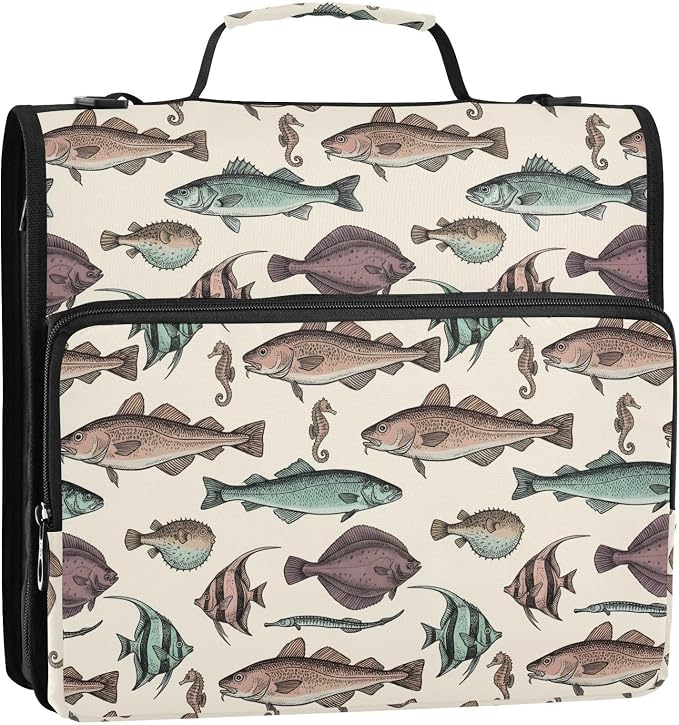 Vintage Fish Beige Print Zipper Binder Bag 3 Ring with Shoulder Strap & Handle Multi Pocket Binder Organizer Bag Large Capacity for School Office Supplies