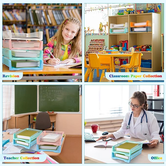Weysat 6 Pcs Turn in Trays Classroom, Stackable Paper Tray for Classroom Organization Plastic Desk File Organizer Bin Basket for Library Drawer Teacher Office Document Storage (Pastel,Narrow)