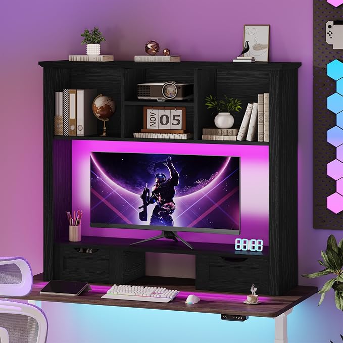 Desk Shelf with Computer Monitor Stand, 37.4''W Desktop Bookshelf | Display Rack, Desktop Organizer Storage Rack with Cubbies & Drawers, 5-Tier Hutch for Home, Office, Dorm, Vanity, Black