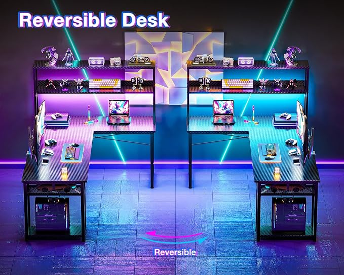 ODK 61 Inch L Shaped Gaming Desk with Hutch & Headphone Hook | Black Corner Computer Table with LED Light and Storage Shelves for Home Office
