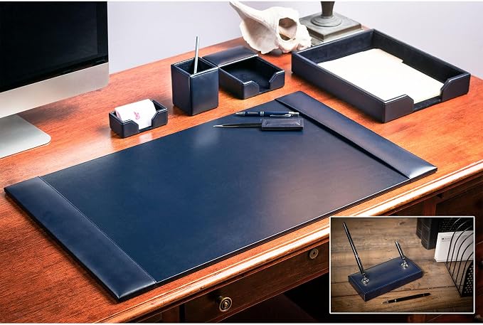 Dacasso Bonded Set Luxury Leather Desk Pad & Desk Organization Essentials, 7 Piece, Navy Blue
