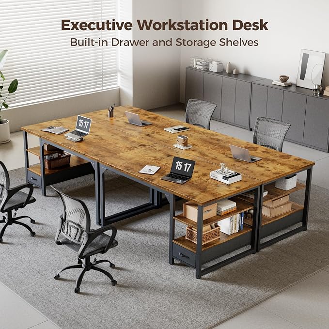 54 in Computer Desk with Drawer, 1" Thick Reversible Office Desk | Large Modern Writing Table with Storage Shelves, Heavy Duty Industrial Executive Desk for Home Bedroom Study Work