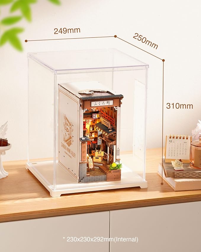 Rolife Acrylic Display Case for Miniature House and Collectibles, Clear Dust Cover Showcase with Door, Stackable Storage Box with White Base for Book Nook(9.1x9.1x11.5in)