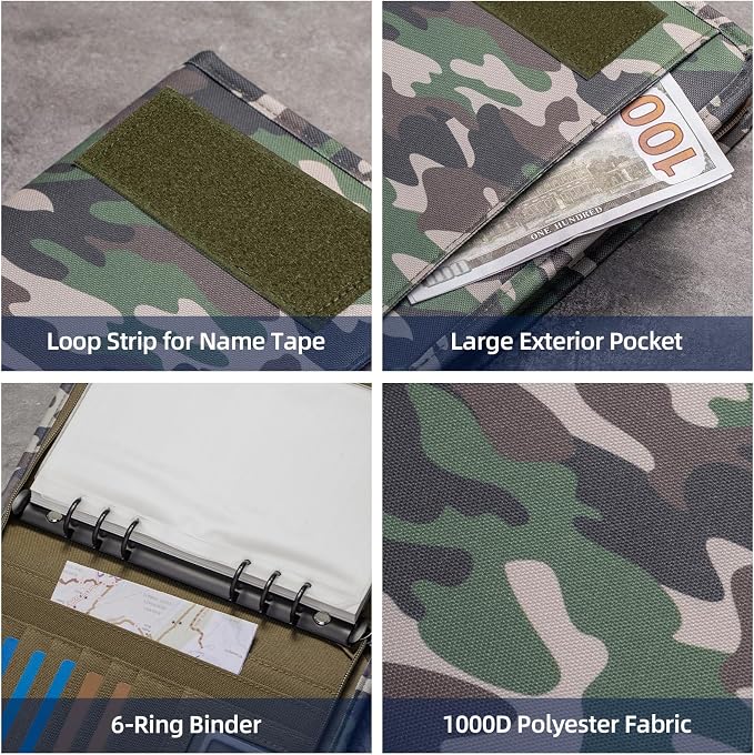 Kosibate Padfolio Ring Binder with 80 Sheets 160 Pages of Loose-Leaf Paper, Weatherproof Notebook Cover, Tactical Notebook with Zippered for Folders,Refillable 6-Ring Notepad(Camouflage,7.3"x10.1")