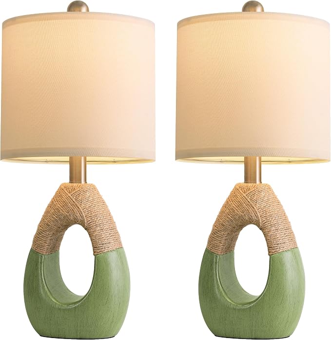 19" Table Lamps Set of 2, Bedside Lamps for Living Room, Lamps for Bedroom, Farmhouse Rattan Table Lamp, Small Space Nightstand Lighting, Rustic Home Office Decor (Green, Bulb Not Included)