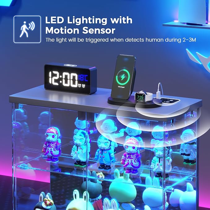 Dystler Glass Display Case with LED Lights, Small 2-Tier for Figures | Lighted Display Cabinet with Motion Sensor, Clear Tempered Glass Door, USB-C Charging Hub for Collectibles, Rocks, Tabletop