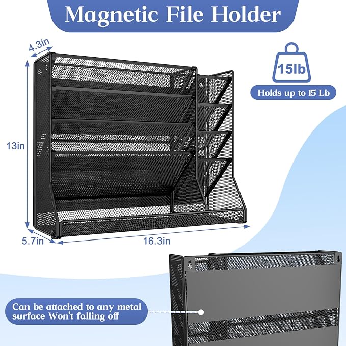 Jakyitvi 5-Tier Magnetic File Organizer R-Shaped Base Wall Hanging Black | Magnetic file holder for refrigerator, 5-tier wall mount file organizer, paper holder for file cabinet, cubicle organization