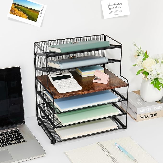 Desk Organizer, 6-Tier Paper Organizer Letter Tray, Brown Wood | Desk Organizers and Accessories, Office Desk Accessories & Workspace Organizers, Desktop File Organizer for Office Supplies