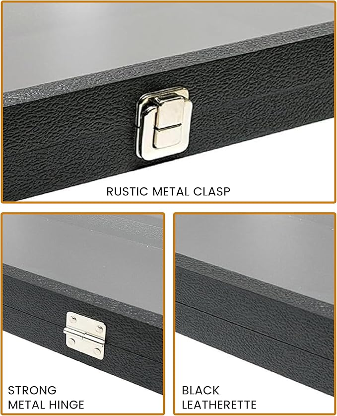 Novel Box Jewelry Organizer Box Black Leatherette 8.25x7.25x2 Medium Size Glass Jewelry Box with Lid with Metal Clasp - Gem Display Case -Jewelry Display Case for Necklaces Bracelets Rings Accessories