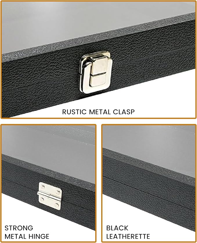 Novel Box Jewelry Organizer Box Black Leatherette 14.75x8.25x2.1 Large Glass Jewelry Box with Lid with Metal Clasp - Gem Display Case - Jewelry Display Case for Necklaces Bracelets Rings Accessories