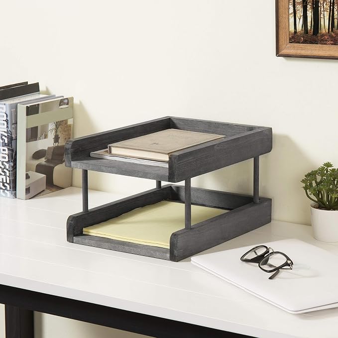 MyGift 2-Tier Rustic Gray Wood Paper File Organizer in and Out Tray/Office Desktop Document Holder Rack