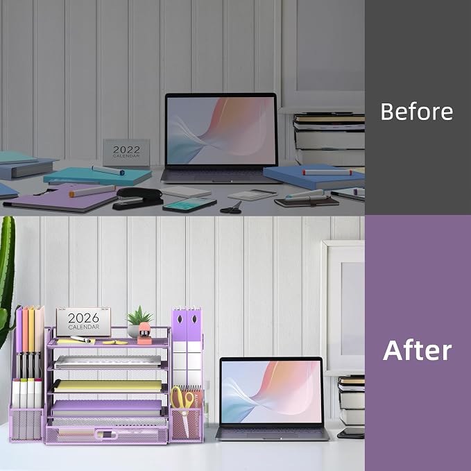 Mesh Desk Organizer with File Holder, 5-Tier Paper Letter Tray Organizer with Magazine Holder, Desktop Organizer and Storage with Drawer for Office Supplies Home or School (Purple) | Two side magazine holders and a bottom drawer store papers, folders, ...