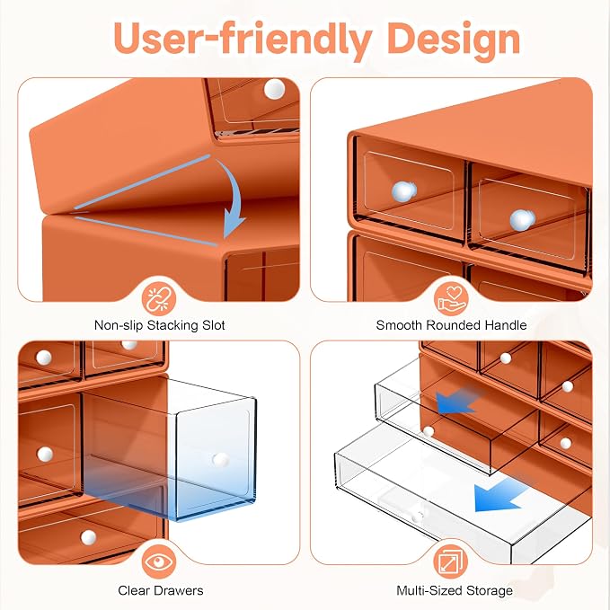 Desk Organizer with 9 Drawers, 4 Tiers Stackable Storage Drawers, Desktop Storage Box with Clear Drawers for Stationery, Makeup, Jewelry, Office and Craft Supplies (Orange)