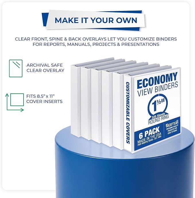 Samsill 1.5 Inch 3 Ring Binders, Economy Round Ring, Clear View Cover, 325 Sheet Capacity - for School, Home, Office - White, 6 Pack