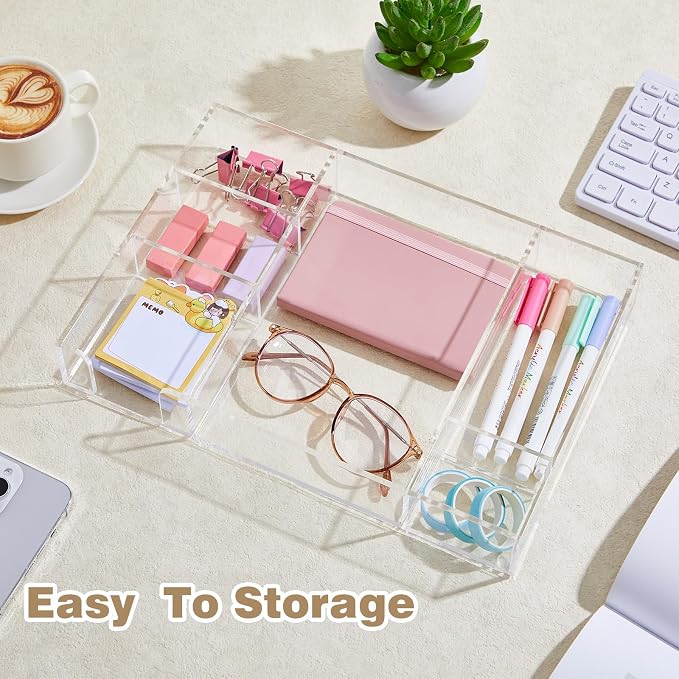 Briwooody 2 Pcs Clear Acrylic Desk Drawer Organizer 12 x 8 x 1.77 Inch Drawer Organizer Trays with 6 Compartments Desk Accessories for Office Makeup Silverware Bathroom
