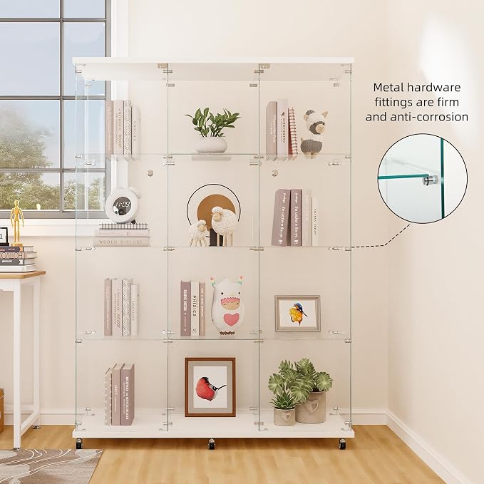 FLYMUHJIA Curio Cabinets with Glass Doors Modern Glass Shelves Tempered Glass Display Cabinet with Lock Figure Display Case (4-Shelf 3-Door, White)