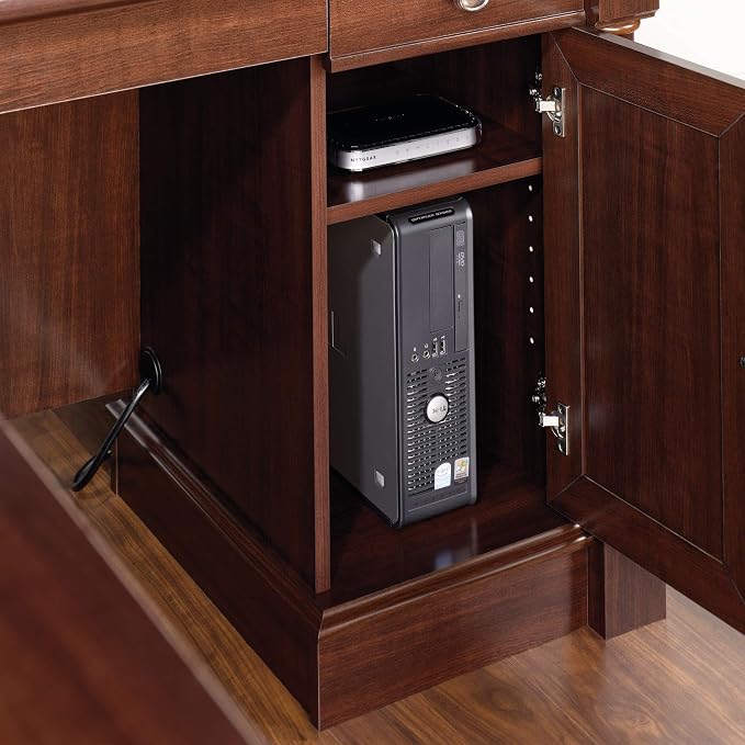 Sauder Palladia L Shaped Desk with Drawers, Office Desk with File Cabinet Storage, Cable Management, Keyboard Tray, in Select Cherry finish