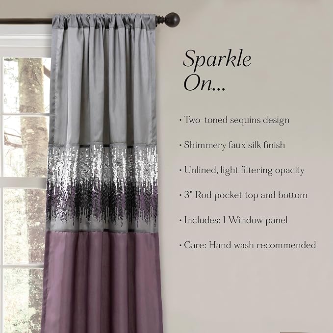 Lush Decor Night Sky Window Curtain Panel, Single, 42" W x 84" L, Purple & Gray - Sequin Curtains - Sparkle & Color Block Design - Modern Glam Decor - Long Curtains For Bedroom & Living Room
