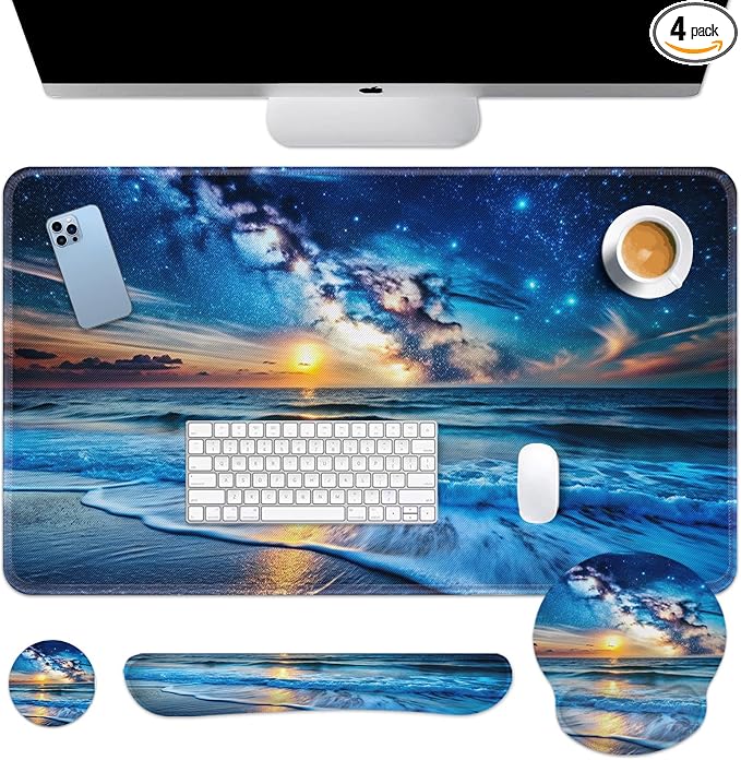 Keyboard Mouse Pad Set, 4 in 1 Desk Mat Set, Blue Ocean | Starry Sky Sea Large Mousepad+Keyboard Wrist Rest+Mouse Wrist Rest+Coaster Ergonomic Design for Home Office Computer