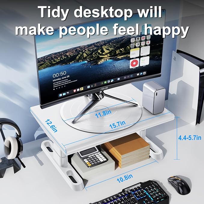 Monitor Stand Riser for Desk,360°Rotation Freely Height Adjustable by Knob,4.4-5.8 Inches,Ergonomic Monitor Stand Mount, Desktop Monitor Stands Riser for Computer,Laptop,Printer,Tv,White