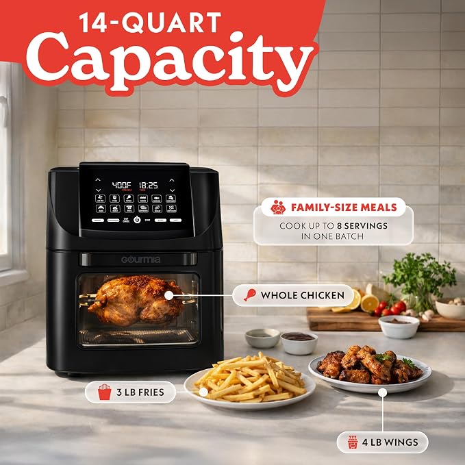 Gourmia Air Fryer - 14 Qt All-in-One Oven with Rotisserie, Digital Display with 12 Presets, Roast, Bake, Broil, Dehydrate, Dishwasher Safe Accessories, Black