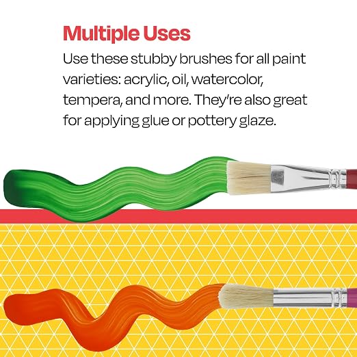 School Smart Stubby Ox Hair Paint Brushes for School and Arts and Crafts Use, Assorted Colors and Sizes, Bulk Set of 36