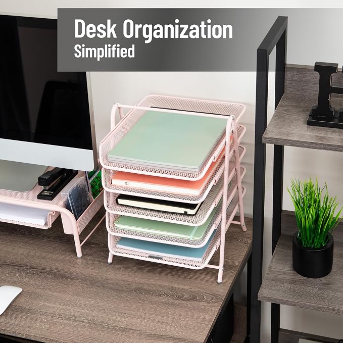 Mind Reader 5-Tier Paper Tray Organizer, Vertical Desktop File Storage Rack, Office, Metal Mesh, Pink