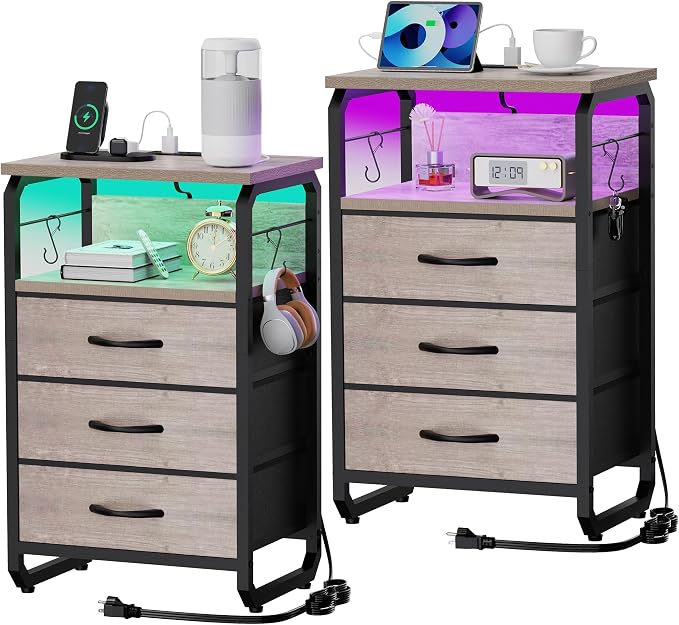 runjuly End Tables Set of 2 with Charging Station, LED Light, Hooks, Greige | 3 Large Fabric Drawers, USB C Ports & Power Outlets, Metal Night Stand Pair, Storage Nightstand for Living Room / Bedroom