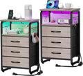 runjuly End Tables Set of 2 with Charging Station, LED Light, Hooks, Greige | 3 Large Fabric Drawers, USB C Ports & Power Outlets, Metal Night Stand Pair, Storage Nightstand for Living Room / Bedroom