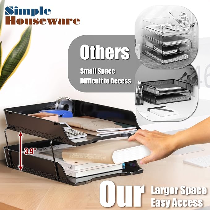 Simple Houseware 2-Tier Stackable Paper Tray for Desk Organizer, Black | Desktop File Holder for A4/Letter Size Documents, File Sorter, Paper Holder, Office File & Accessories Storage