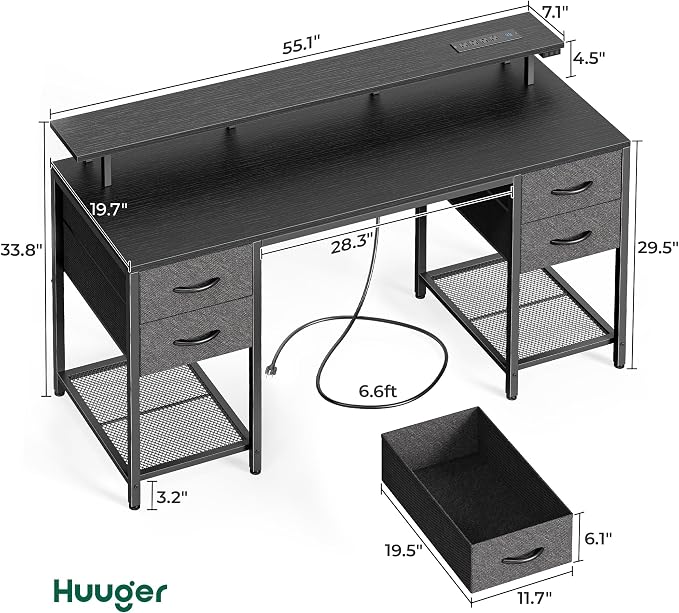 Huuger 55 inch Computer Desk with Power Outlets & 4 Drawers | Gaming Desk with LED Lights, Home Office Desk with Large Storage Space for Bedroom, Work from Home, Black