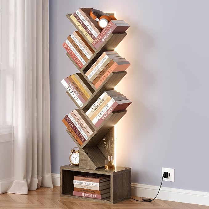 Hoctieon 6 Tier Tree Bookshelf, Tall Bookcase, Freestanding Book Shelf with LED Lights, Display Floor Standing Storage Shelf, Book Organizer Shelves for Home Office, Living Room, Greige