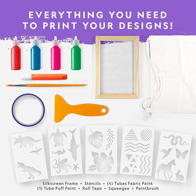 National Geographic Screen Printing Arts and Crafts Kit for Kids | Fabric Paint, Screen Printing Frame, Stencils, Squeegee, Drawstring Bag, Silk Screen Craft, Creative Birthday Gift